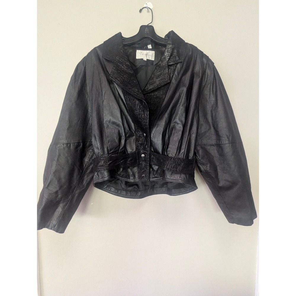 Vintage 80s Silvercord Black Leather Jacket Women L Dolman Batwing Belted Korea